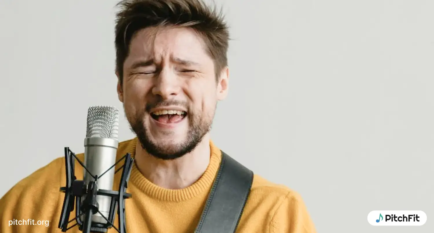 Man singing into a microphone with musical notes surrounding him