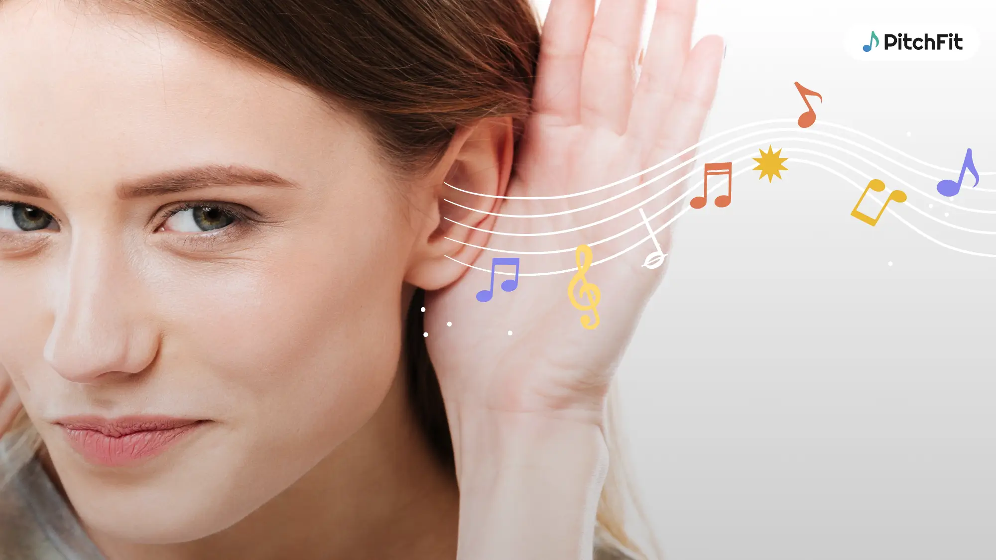 A woman leaning in to listen with music notes coming out of her ear