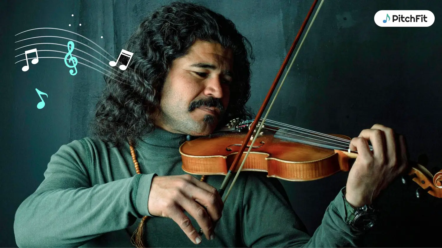 a man playing violin with music notes coming out of his ear