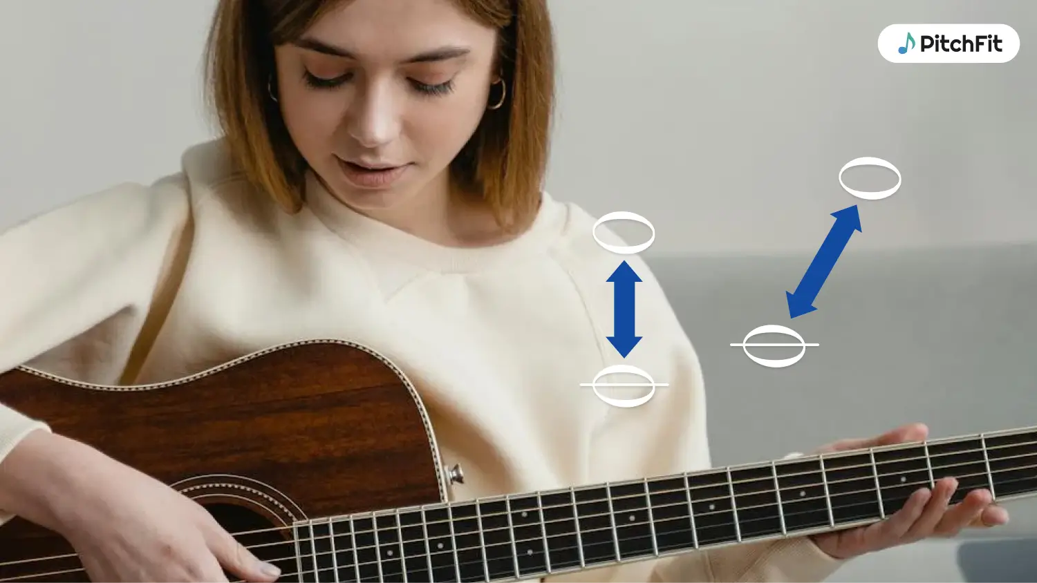 a woman playing guitar with interval music notes floating around here