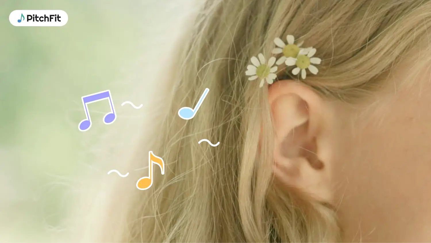 Colorful music notes coming out of a blonde woman's ears